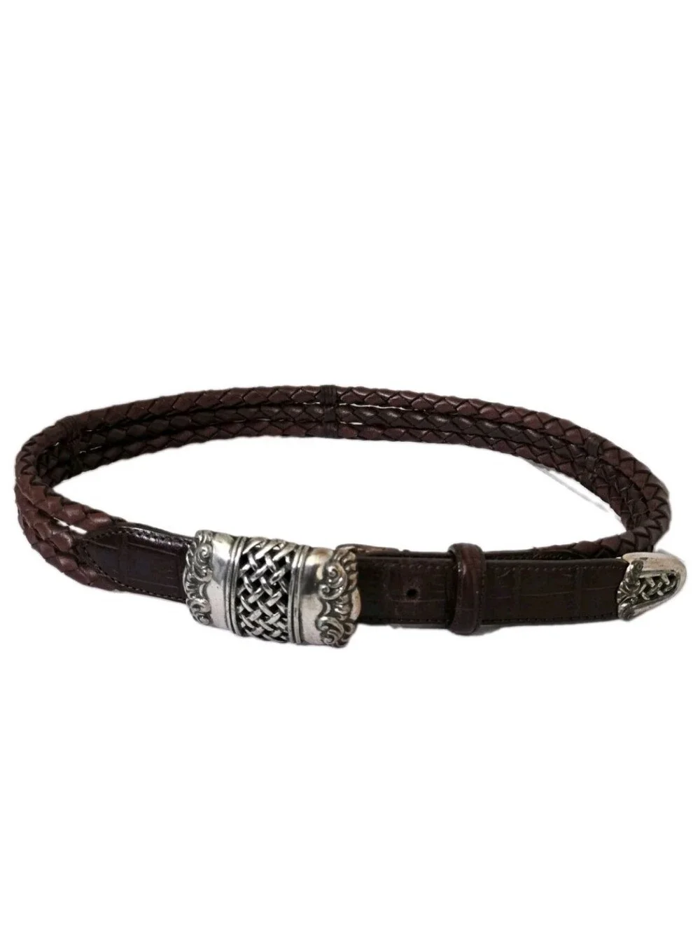 vintage 1995 BRIGHTON size Medium Leather Braided Rope Brown Belt Silver Buckle